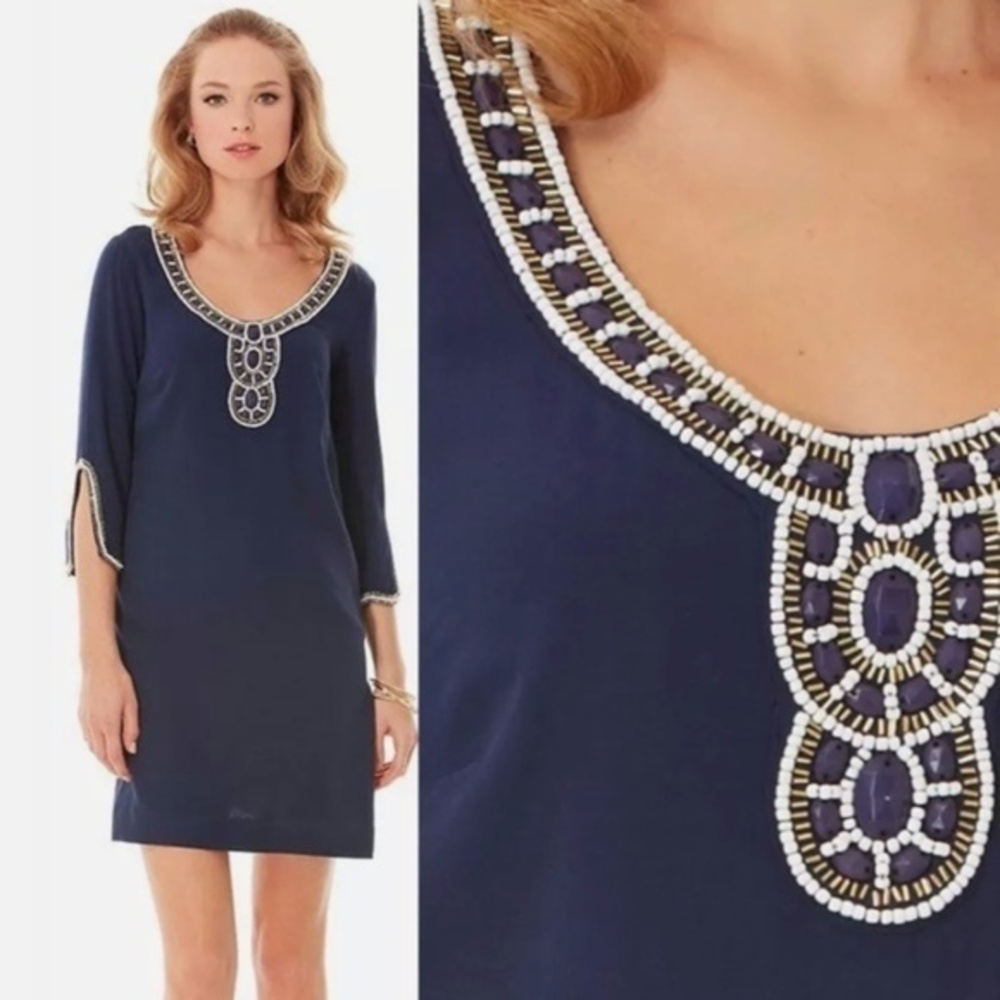 Lilly Pulitzer Sarah Beaded 3/4 Sleeve Tunic Dress in True Navy Size XS